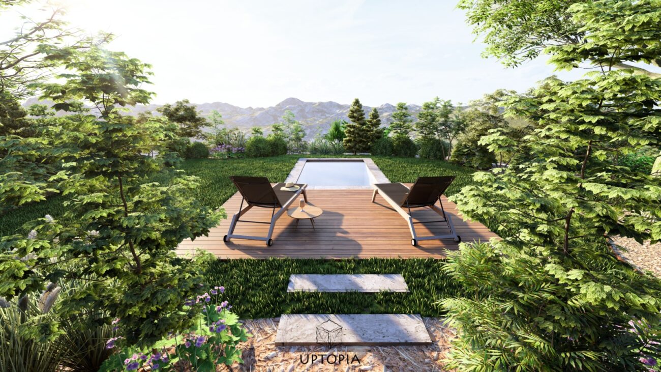 Montagne et jardins suspendus - vue piscine & montagne
